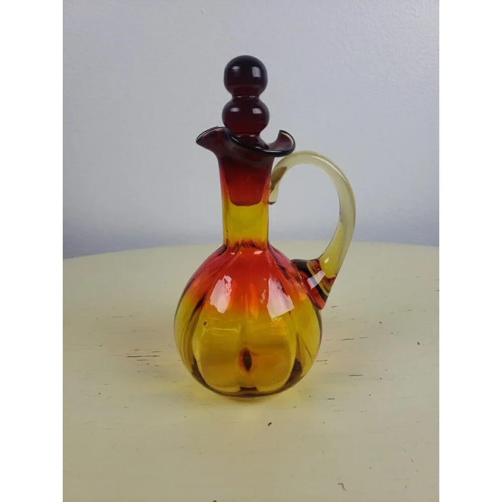 MCM Rainbow Art Glass Amberina Cruet with Stacked Ball Stopper Crimped Rim 6.75